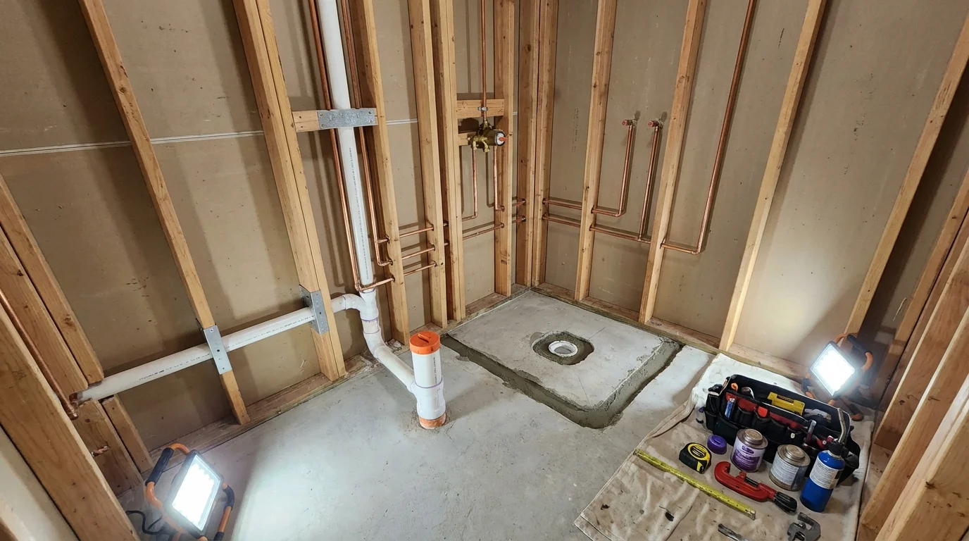 Bathroom rough-in plumbing during remodel by Johns Plumbing LLC in Grangeville