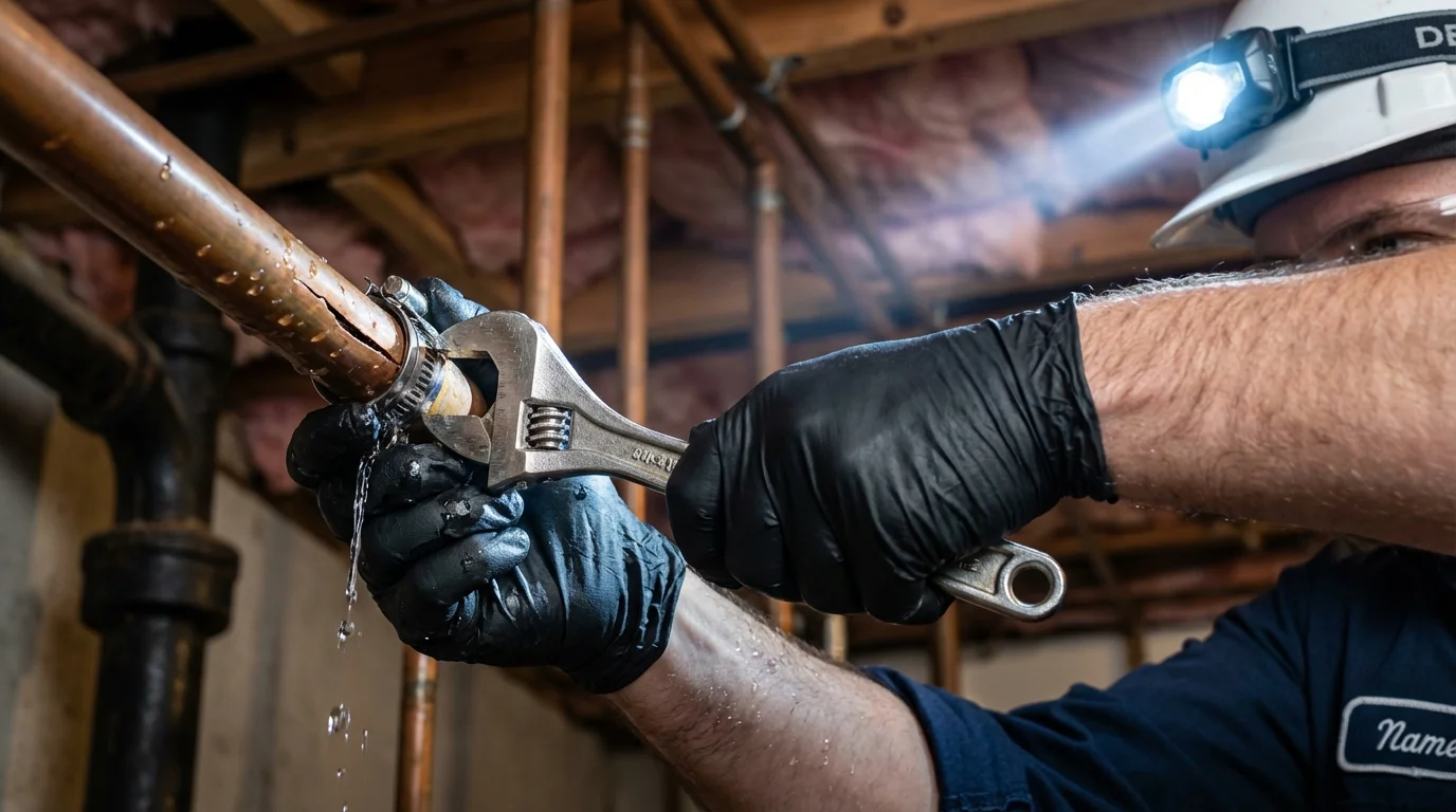 Emergency pipe clamp repair being performed by a Johns Plumbing LLC plumber in Grangeville