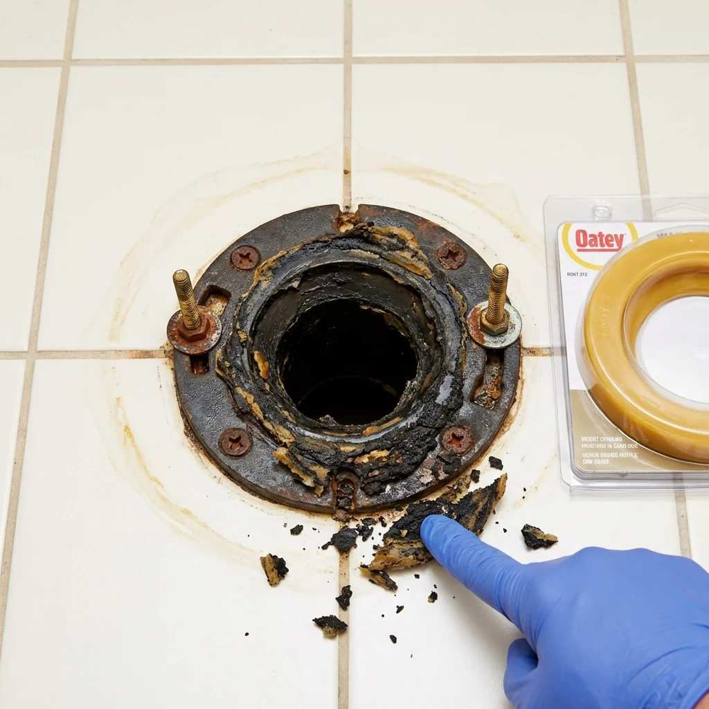 Failed wax ring showing water seepage at the base of a toilet in a Grangeville, ID home