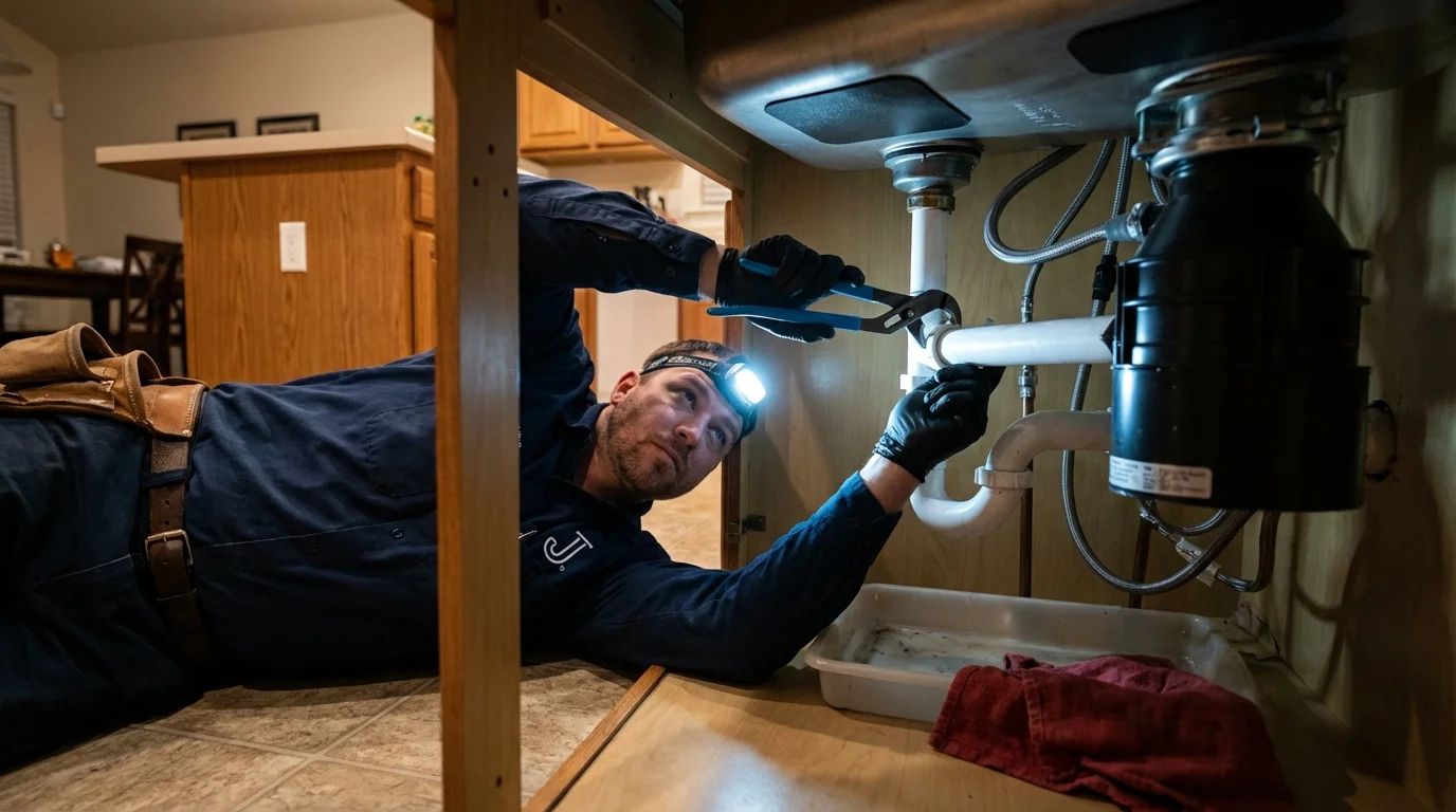 P-trap and supply line connections under a kitchen sink showing a common leak point in Grangeville, ID